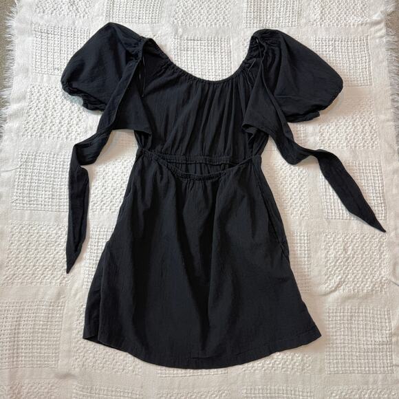 Old Navy large puff sleeve tie back bow cut out mini dress pockets D2 2689 - Picture 6 of 10